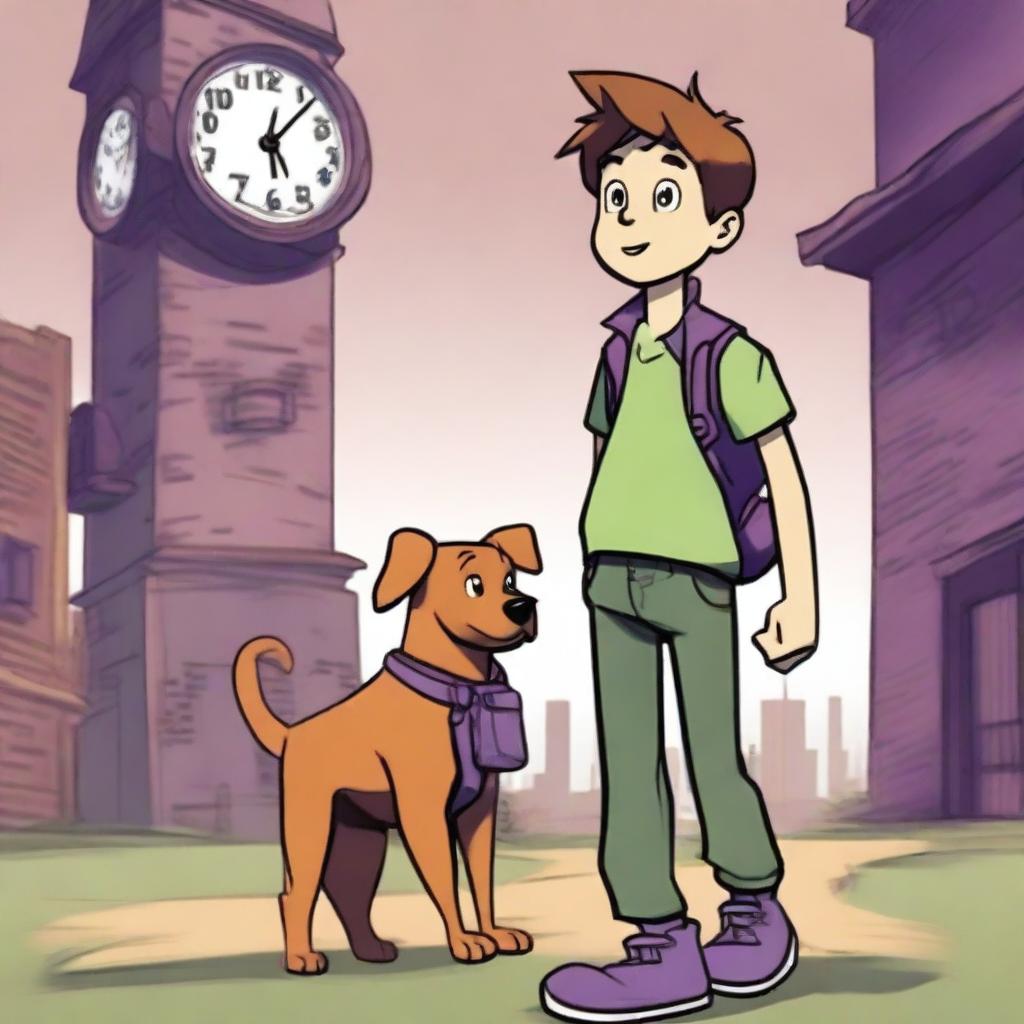 A boy named Milo with brown hair, wearing a green shirt and purple pants, is walking with his dog named Tock