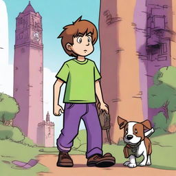 A boy named Milo with brown hair, wearing a green shirt and purple pants, is walking with his dog named Tock