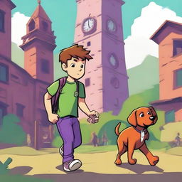 A boy named Milo with brown hair, wearing a green shirt and purple pants, is walking with his dog named Tock