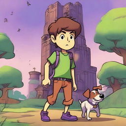 A boy named Milo with brown hair, wearing a green shirt and purple pants, is walking with his dog named Tock