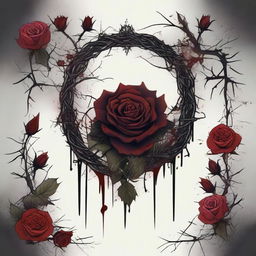 A dark and gothic illustration featuring a border made of thorns intertwined with wild flowers, with blood dripping from the thorns