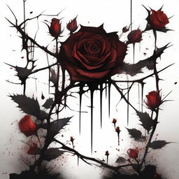 A dark and gothic illustration featuring a border made of thorns intertwined with wild flowers, with blood dripping from the thorns