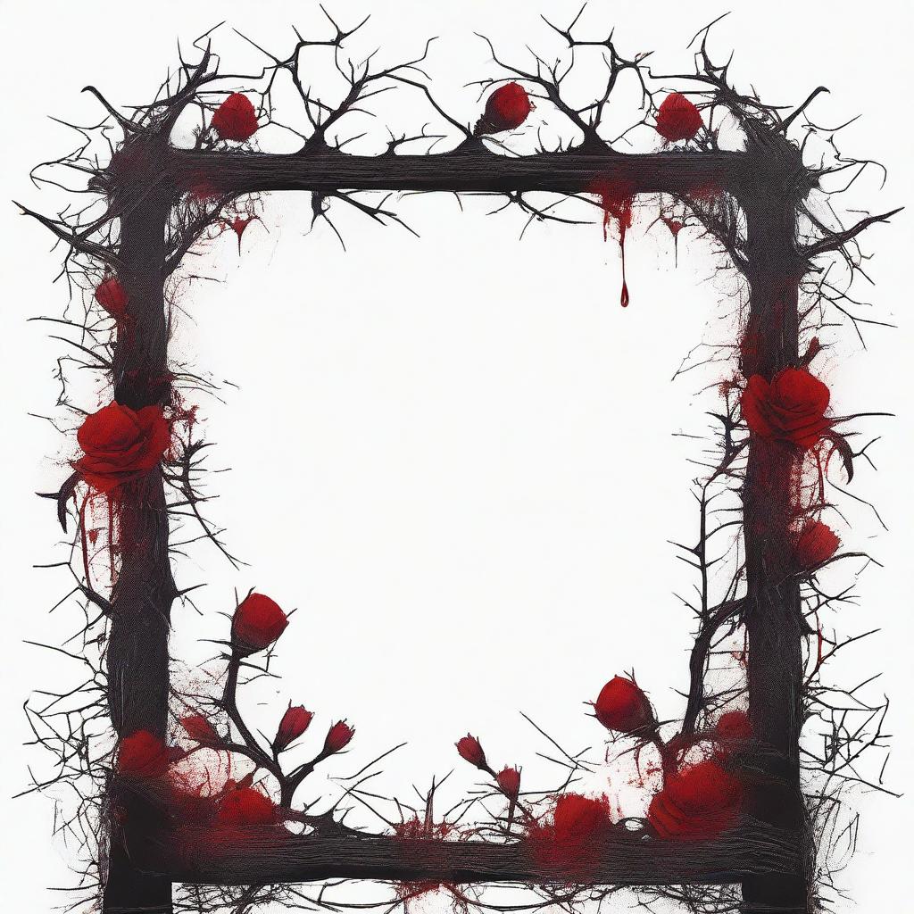 A dark and gothic illustration featuring a border made of thorns intertwined with wild flowers, with blood dripping from the thorns