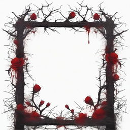 A dark and gothic illustration featuring a border made of thorns intertwined with wild flowers, with blood dripping from the thorns