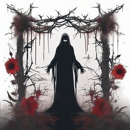 A dark and gothic illustration featuring a border made of thorns intertwined with wild flowers, with blood dripping from the thorns