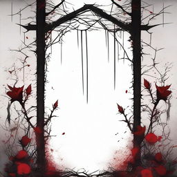 A dark and gothic illustration featuring a border made of thorns intertwined with wild flowers, with blood dripping from the thorns