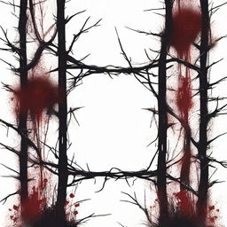 A dark and gothic illustration featuring a border made of thorns intertwined with wild flowers, with blood dripping from the thorns