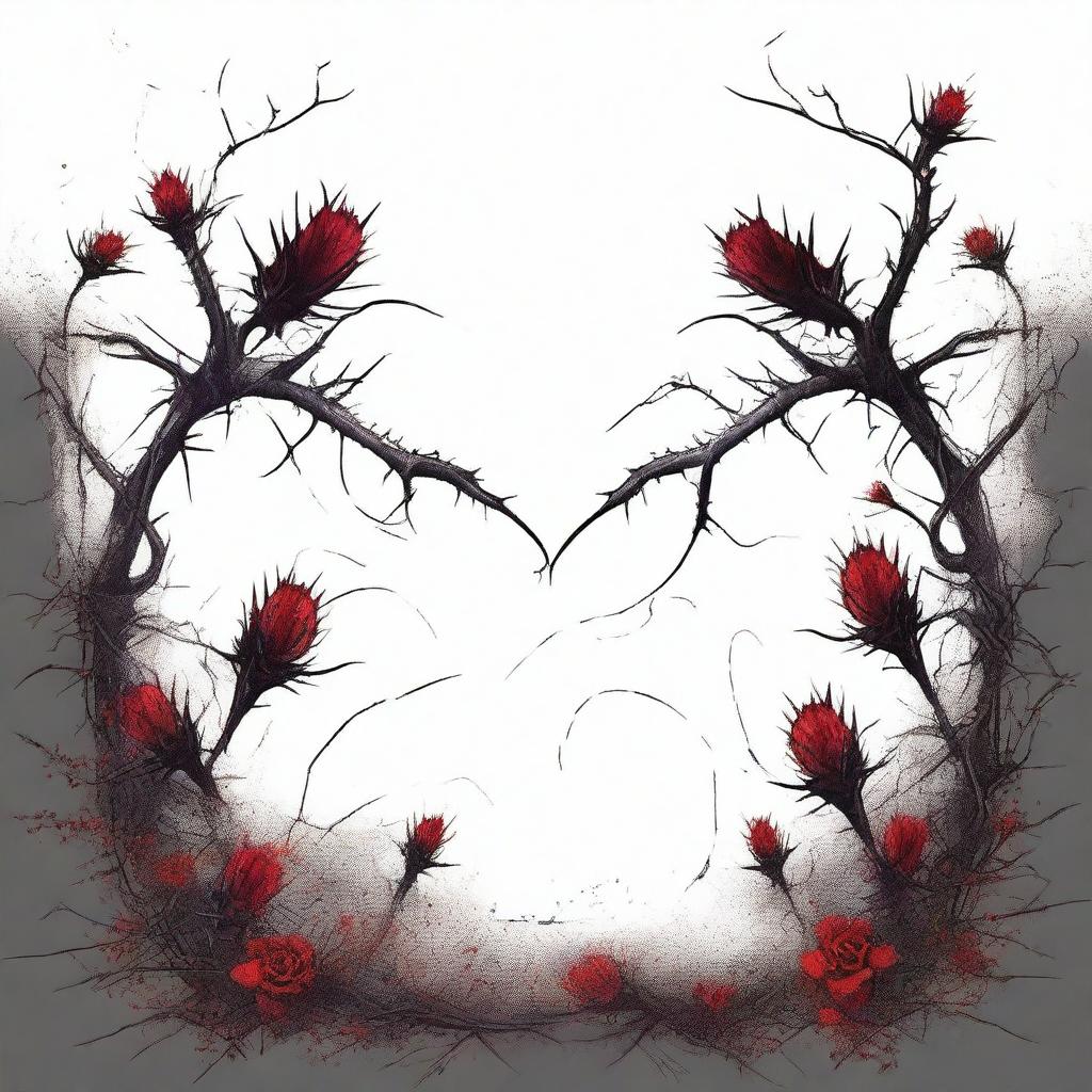 A dark and gothic illustration featuring a border made of thorns intertwined with wild flowers, with blood dripping from the thorns