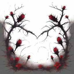 A dark and gothic illustration featuring a border made of thorns intertwined with wild flowers, with blood dripping from the thorns