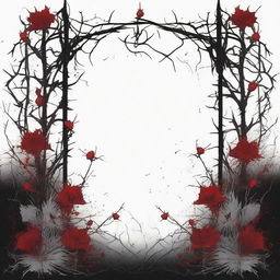 A dark and gothic illustration featuring a border made of thorns intertwined with wild flowers, with blood dripping from the thorns