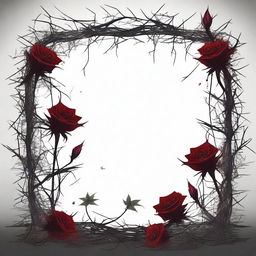 A dark and gothic illustration featuring a border made of thorns intertwined with wild flowers, with blood dripping from the thorns