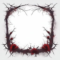 A dark and gothic illustration featuring a border made of thorns intertwined with wild flowers, with blood dripping from the thorns