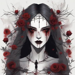 A dark and gothic illustration featuring a border made of thorns intertwined with wild flowers, with blood dripping from the thorns