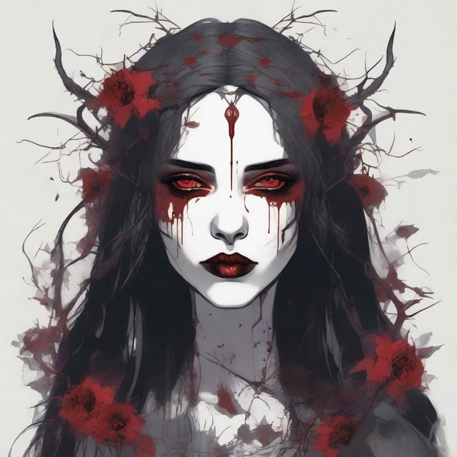 A dark and gothic illustration featuring a border made of thorns intertwined with wild flowers, with blood dripping from the thorns