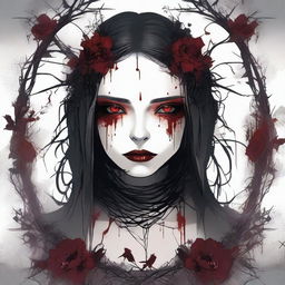 A dark and gothic illustration featuring a border made of thorns intertwined with wild flowers, with blood dripping from the thorns