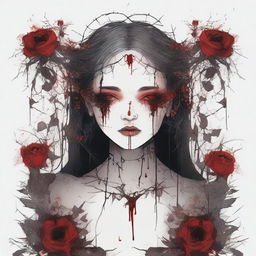 A dark and gothic illustration featuring a border made of thorns intertwined with wild flowers, with blood dripping from the thorns