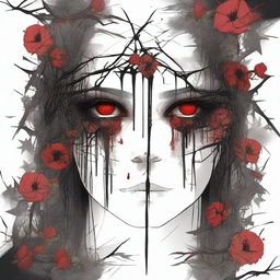 A dark and gothic illustration featuring a border made of thorns intertwined with wild flowers, with blood dripping from the thorns