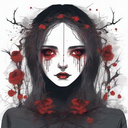 A dark and gothic illustration featuring a border made of thorns intertwined with wild flowers, with blood dripping from the thorns