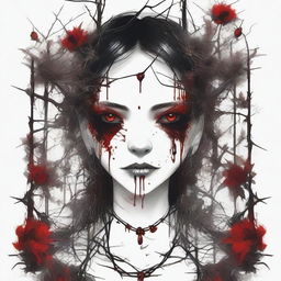 A dark and gothic illustration featuring a border made of thorns intertwined with wild flowers, with blood dripping from the thorns