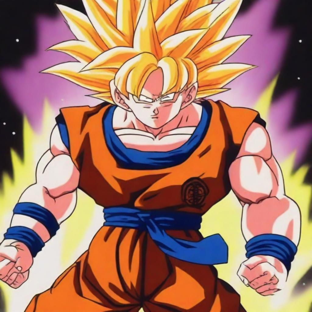 A detailed and dynamic illustration of Goku from Dragonball Z, showcasing his iconic spiky hair and powerful aura