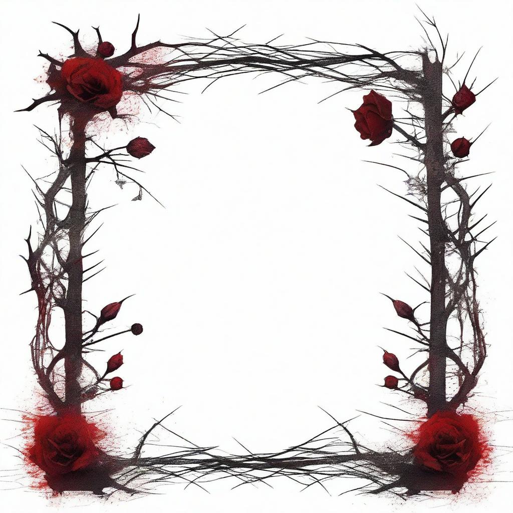 A dark and gothic illustration featuring a border made of thorns intertwined with wild flowers, with blood dripping from the thorns