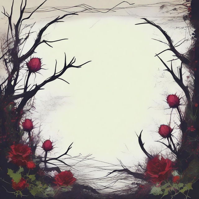 A dark and gothic illustration featuring a border made of thorns intertwined with wild flowers, with blood dripping from the thorns