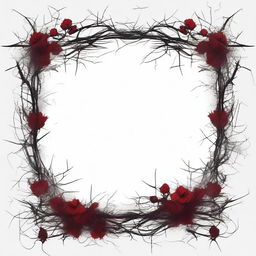 A dark and gothic illustration featuring a border made of thorns intertwined with wild flowers, with blood dripping from the thorns