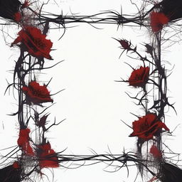 A dark and gothic illustration featuring a border made of thorns intertwined with wild flowers, with blood dripping from the thorns