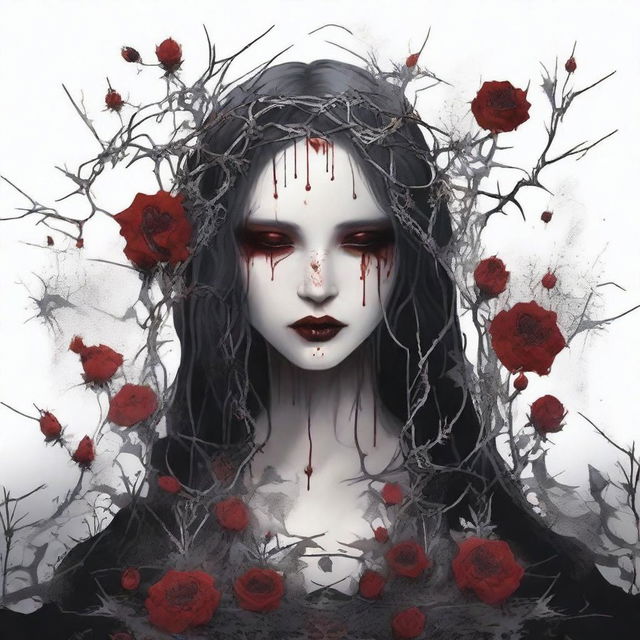 A dark and gothic illustration featuring a border made of silver thorns intertwined with wild flowers, with blood dripping from the thorns