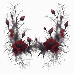 A dark and gothic illustration featuring a border made of silver thorns intertwined with wild flowers, with blood dripping from the thorns