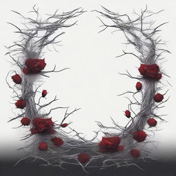 A dark and gothic illustration featuring a border made of silver thorns intertwined with wild flowers, with blood dripping from the thorns