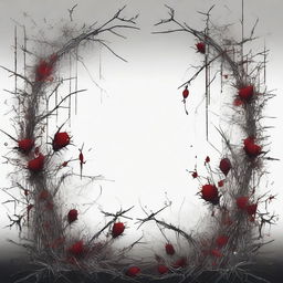 A dark and gothic illustration featuring a border made of silver thorns intertwined with wild flowers, with blood dripping from the thorns