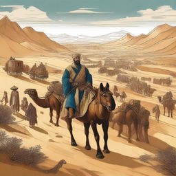 An adventurous scene depicting Marco Polo traveling along the Silk Road