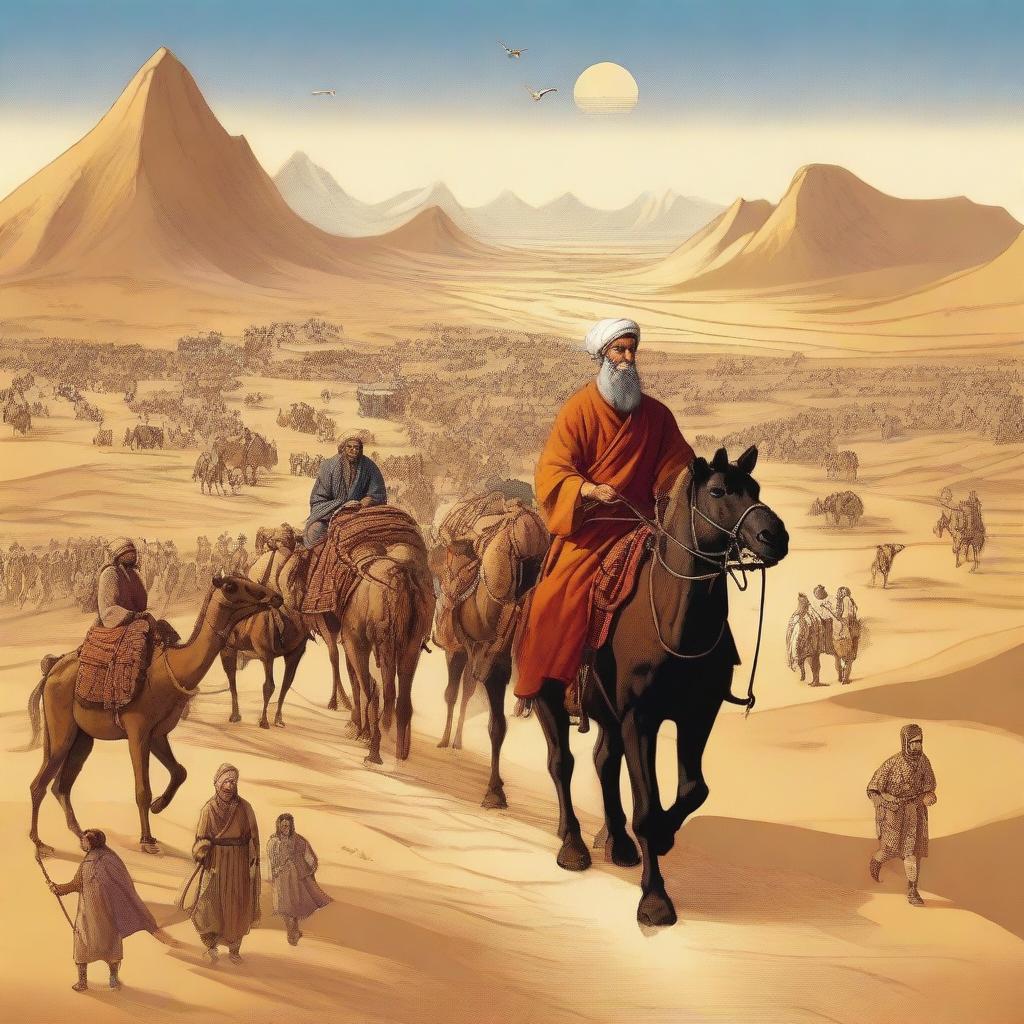 An adventurous scene depicting Marco Polo traveling along the Silk Road