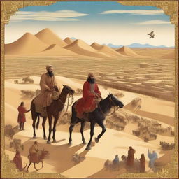 An adventurous scene depicting Marco Polo traveling along the Silk Road