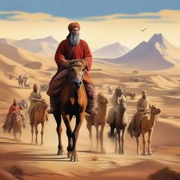 An adventurous scene depicting Marco Polo traveling along the Silk Road