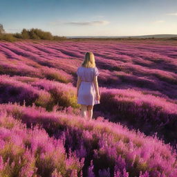 An idyllic scene of a heather field in full bloom, with a small, delicate flower named Erika standing out among the vibrant purple heather