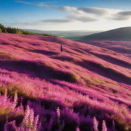 An idyllic scene of a heather field in full bloom, with a small, delicate flower named Erika standing out among the vibrant purple heather