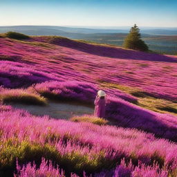 An idyllic scene of a heather field in full bloom, with a small, delicate flower named Erika standing out among the vibrant purple heather