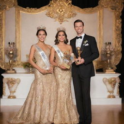 A man and a woman, adorned in elegant pageant attire, standing victorious on a lavishly decorated stage, both holding gleaming gold trophies symbolizing their title as Mr. and Ms. Pageant Winners.