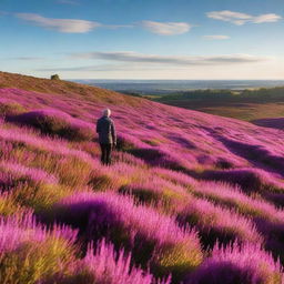 An idyllic scene of a heather field in full bloom, with a small, delicate flower named Erika standing out among the vibrant purple heather