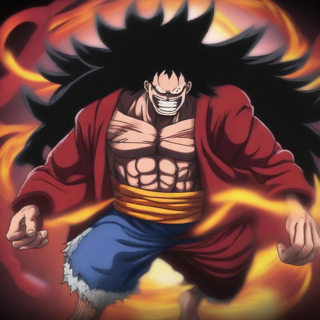 A dynamic and intense illustration of Luffy in his Gear 5 form fighting Kaido