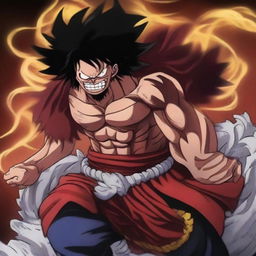 A dynamic and intense illustration of Luffy in his Gear 5 form fighting Kaido