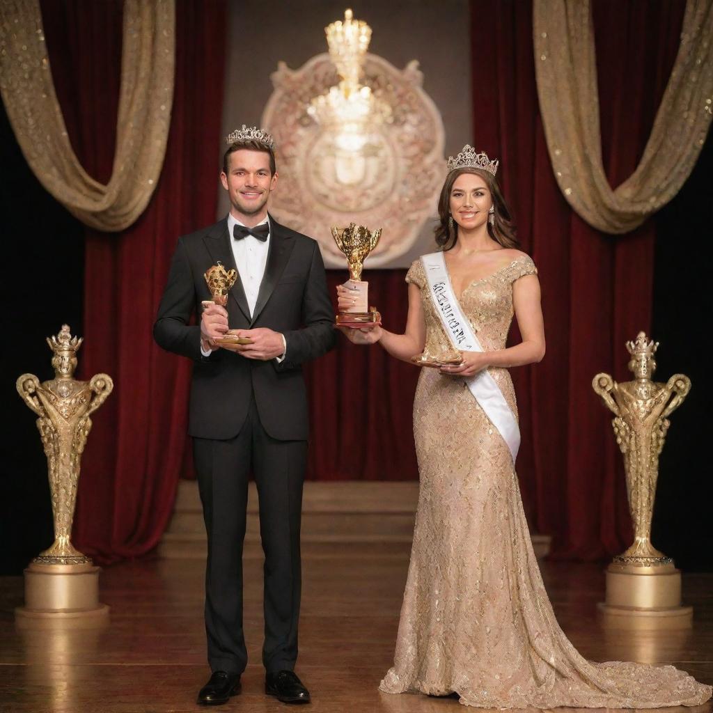 A man and a woman, adorned in elegant pageant attire, standing victorious on a lavishly decorated stage, both holding gleaming gold trophies symbolizing their title as Mr. and Ms. Pageant Winners.