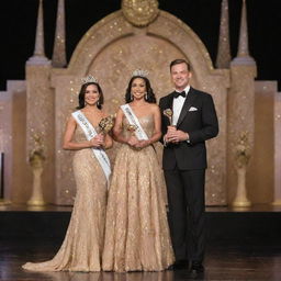 A man and a woman, adorned in elegant pageant attire, standing victorious on a lavishly decorated stage, both holding gleaming gold trophies symbolizing their title as Mr. and Ms. Pageant Winners.