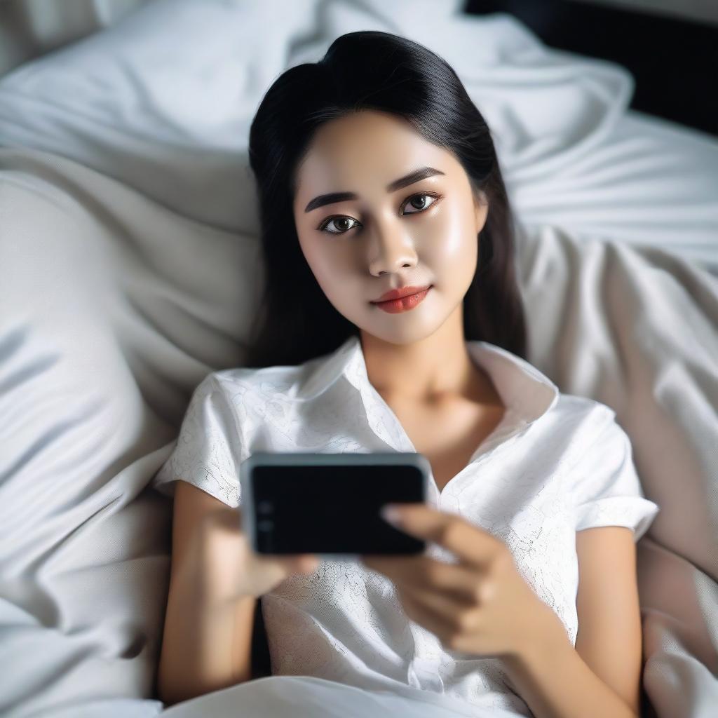 A highly realistic and detailed full HD image of a beautiful Indonesian girl wearing a sexy shirt, lying on a bed while holding a mobile phone