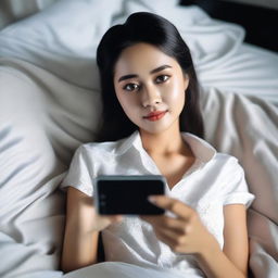 A highly realistic and detailed full HD image of a beautiful Indonesian girl wearing a sexy shirt, lying on a bed while holding a mobile phone