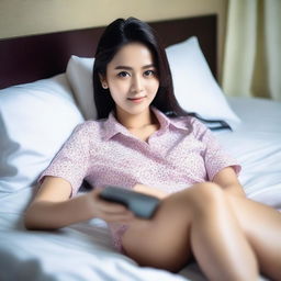 A highly realistic and detailed full HD image of a beautiful Indonesian girl wearing a sexy shirt, lying on a bed while holding a mobile phone