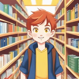 A young boy with straight, red hair and yellow eyes, around eight years old, standing inside a bookstore