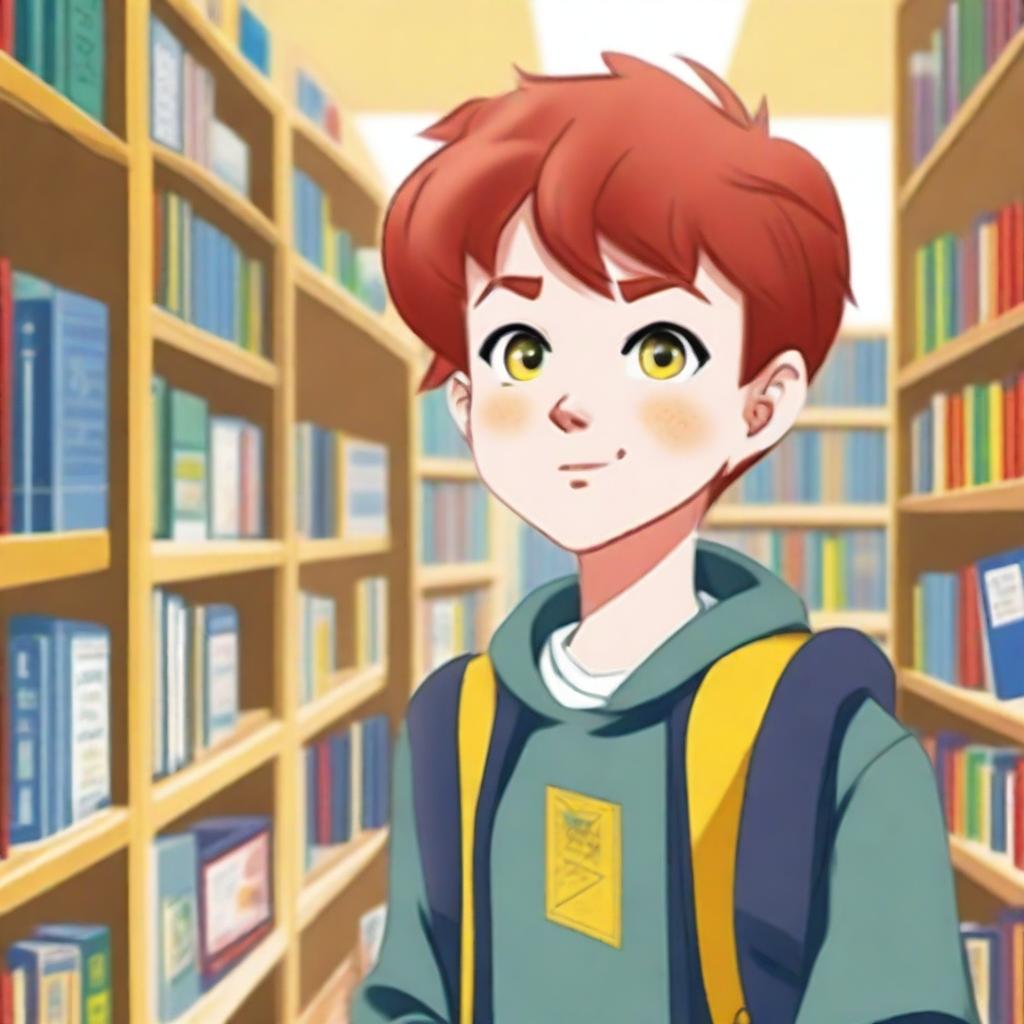 A young boy with straight, red hair and yellow eyes, around eight years old, standing inside a bookstore